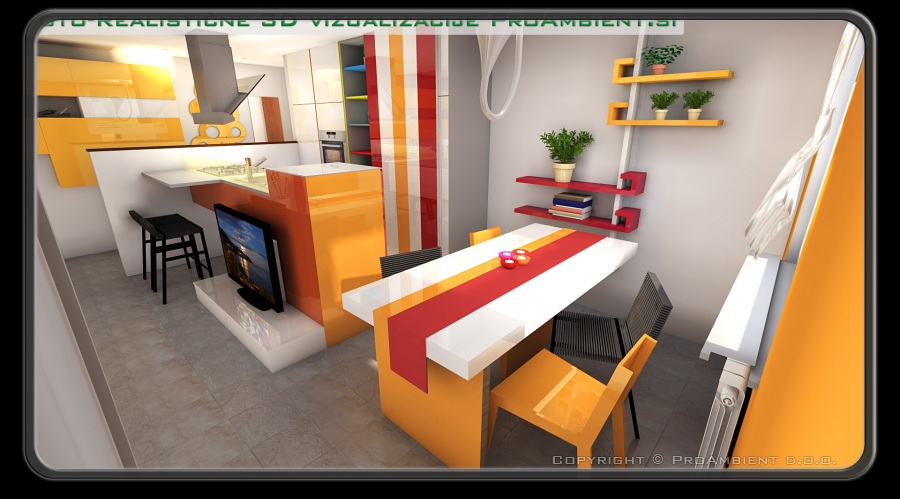 3D Vizualizacija lago kuhinje cucine, stoli
